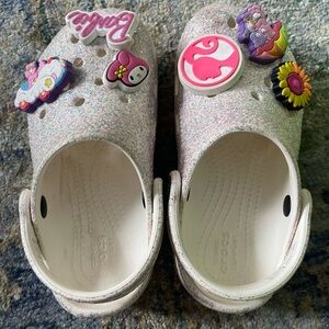 CROCS Kids Glitter Slippers with Fun Charms - White and Pink
